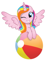 Size: 589x746 | Tagged: safe, artist:jhayarr23, oc, oc only, oc:st. pinkie, alicorn, pony, 2019 community collab, derpibooru community collaboration, alicorn oc, one eye closed, rainbow hair, simple background, smiling, solo, summer, transparent background, wink