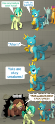 Size: 1920x4320 | Tagged: safe, artist:red4567, gallus, ocellus, sandbar, smolder, yona, changedling, changeling, griffon, pony, yak, g4, 3d, ahem, best creature, best pony, comic, eyes closed, female, frown, gritted teeth, hole in the wall, lidded eyes, male, meme, open mouth, smashing, smiling, smirk, source filmmaker, speech bubble, surprised, teenager, unamused, wall breaking, wide eyes, yak smash, yelling