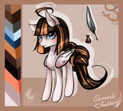 Size: 1024x922 | Tagged: safe, artist:wilvarin-liadon, oc, oc only, oc:caramel feather, pegasus, pony, ahoge, eyebrows, female, folded wings, looking at you, mare, quill pen, reference sheet, signature, solo, wings