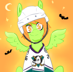 Size: 829x812 | Tagged: safe, artist:perfect-sloth, oc, oc:knuckle puck, pegasus, pony, anaheim ducks, anahiem, clothes, costume, halloween, halloween costume, helmet, hockey, holiday, ice hockey, jersey, male, mighty ducks, nhl, sports, the mighty ducks of anaheim