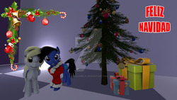 Size: 1024x576 | Tagged: safe, artist:juanjobelic, derpy hooves, oc, g4, christmas, christmas tree, holiday, merry christmas, obtrusive watermark, present, spanish, tree, watermark