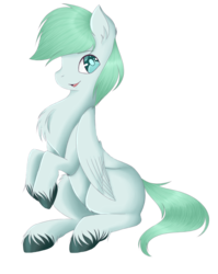 Size: 1149x1445 | Tagged: safe, artist:cliché, oc, oc only, oc:minty gloom, pegasus, pony, chest fluff, cute, ear fluff, fluffy, hoof fluff, hooves together, leg fluff, looking at you, male, ocbetes, open mouth, simple background, sitting, smiling, solo, stallion, transparent background, unshorn fetlocks