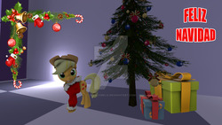 Size: 1024x576 | Tagged: safe, artist:juanjobelic, applejack, pony, g4, christmas, christmas tree, female, holiday, merry christmas, obtrusive watermark, present, solo, spanish, tree, watermark