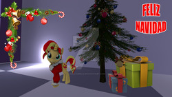 Size: 1024x576 | Tagged: safe, artist:juanjobelic, sunset shimmer, pony, unicorn, g4, 3d, candy, candy cane, christmas, christmas tree, female, food, holiday, holly, merry christmas, obtrusive watermark, present, solo, spanish, tree, watermark