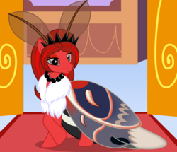 Size: 4268x3665 | Tagged: safe, artist:badumsquish, derpibooru exclusive, oc, oc only, oc:lunar glow, monster pony, mothpony, original species, series:equestria and the world, cecropia moth, chest fluff, crown, curtsey, doorway, eyeshadow, female, fluffy, jewelry, lidded eyes, long mane, looking at you, makeup, necklace, palace, queen, regalia, shoulder fluff, show accurate, smiling, solo, story in the comments, wings