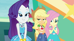 Size: 1920x1080 | Tagged: safe, screencap, applejack, fluttershy, rarity, equestria girls, equestria girls series, g4, rollercoaster of friendship, annoyed, applejack is not amused, female, geode of shielding, geode of super strength, grin, magical geodes, rarity peplum dress, shipping fuel, smiling, unamused