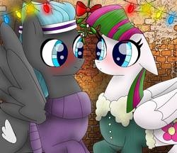 Size: 1338x1158 | Tagged: safe, artist:nightmarerara, blossomforth, thunderclap, pegasus, pony, g4, blossomclap, blushing, christmas, christmas tree, clothes, coat, crack shipping, female, headband, holiday, male, mare, mistletoe, raised hoof, shipping, stallion, straight, sweater, tree