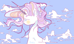 Size: 854x512 | Tagged: safe, artist:yioyio, rarity, pony, unicorn, g4, alternate hairstyle, beautiful, cloud, female, multicolored hair, profile, sky, solo