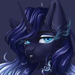 Size: 2512x2512 | Tagged: safe, artist:pesaart, oc, oc only, oc:mystic shadow, pony, unicorn, bust, female, high res, horn, looking at you, mare, portrait, simple background, solo