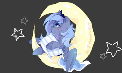 Size: 1023x614 | Tagged: safe, artist:yioyio, princess luna, alicorn, pony, g4, crescent moon, crown, cute, deviantart watermark, female, filly, jewelry, lunabetes, moon, obtrusive watermark, pillow, profile, regalia, solo, starry mane, stars, tangible heavenly object, transparent moon, watermark, woona, younger