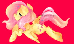 Size: 1600x960 | Tagged: safe, artist:yioyio, fluttershy, pegasus, pony, g4, cute, female, no pupils, profile, prone, red background, shyabetes, simple background, solo, spread wings, wings