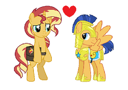 Size: 272x192 | Tagged: safe, edit, flash sentry, sunset shimmer, pegasus, pony, unicorn, g4, female, hoof shoes, male, rearing, saddle bag, ship:flashimmer, shipping, simple background, straight, white background