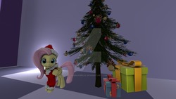 Size: 1024x576 | Tagged: safe, artist:juanjobelic, fluttershy, pony, g4, christmas, christmas tree, female, hat, holiday, obtrusive watermark, present, santa hat, solo, tree, watermark