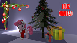 Size: 1024x576 | Tagged: safe, artist:juanjobelic, pinkie pie, earth pony, pony, g4, christmas, christmas tree, female, hat, holiday, obtrusive watermark, present, santa hat, smiling, solo, spanish, tree, watermark