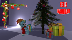 Size: 1024x576 | Tagged: safe, artist:juanjobelic, rainbow dash, pony, g4, christmas, christmas tree, female, holiday, obtrusive watermark, present, solo, tree, watermark