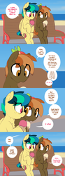 Size: 1206x3244 | Tagged: safe, artist:shinodage, button mash, oc, oc:apogee, earth pony, pegasus, pony, g4, bench, buttongee, colt, comic, dialogue, duo, female, filly, food, ice cream, male, speech bubble