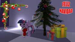 Size: 1024x576 | Tagged: safe, artist:juanjobelic, twilight sparkle, alicorn, pony, g4, christmas, christmas tree, female, holiday, obtrusive watermark, present, solo, tree, twilight sparkle (alicorn), watermark
