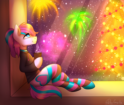 Size: 2000x1700 | Tagged: safe, artist:cornelia_nelson, oc, oc only, oc:panda shade, semi-anthro, arm hooves, clothes, cup, fireworks, hoodie, socks, solo, striped socks