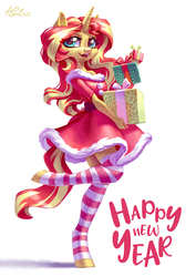 Size: 2894x4093 | Tagged: dead source, safe, artist:holivi, sunset shimmer, unicorn, anthro, unguligrade anthro, equestria girls, g4, adorasexy, christmas, clothes, cute, dress, female, happy, happy new year, high res, holiday, mare, open mouth, present, sexy, shimmerbetes, shoulderless, smiling, socks, solo, stockings, striped socks, thigh highs, zettai ryouiki