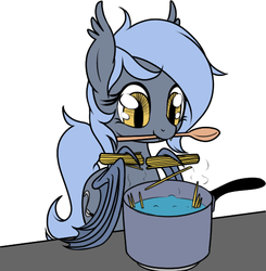 Size: 497x507 | Tagged: safe, artist:stoic5, color edit, edit, oc, oc only, oc:panne, bat pony, pony, bat pony oc, colored, cooking, cute, cute little fangs, fangs, food, mouth hold, pasta, pot, smiling, solo, spaghetti, spoon, wing claws, wing hands