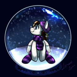 Size: 1080x1080 | Tagged: safe, artist:lenamilove, oc, oc only, oc:rory gigabyte, pegasus, pony, beanie, blushing, christmas, clothes, commission, cute, ear blush, glasses, hat, holiday, male, scarf, simple background, smiling, snow, snow globe, snowflake, socks, solo, stallion, striped socks, ych result