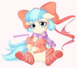 Size: 3700x3300 | Tagged: safe, artist:katakiuchi4u, coco pommel, earth pony, pony, g4, bow, clothes, cocobetes, cute, female, floppy ears, hair bow, high res, mare, ribbon, scarf, smiling, socks, solo, stockings, striped socks, thigh highs