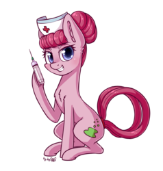 Size: 1824x1920 | Tagged: safe, artist:dsp2003, oc, oc only, oc:bubbly joy, earth pony, pony, 2019 community collab, derpibooru community collaboration, blushing, commission, cute, female, grin, looking at you, mare, nurse, signature, simple background, sitting, smiling, solo, syringe, transparent background