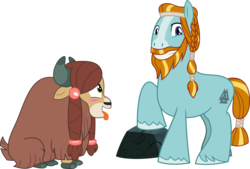 Size: 5096x3445 | Tagged: safe, artist:cheezedoodle96, artist:frownfactory, edit, editor:anonymous, vector edit, rockhoof, yona, earth pony, pony, yak, campfire tales, g4, school daze, accessory-less edit, beard, behaving like a dog, blushing, braid, braided ponytail, cloven hooves, facial hair, female, looking at you, male, missing accessory, moustache, rock, ship:yonahoof, simple background, smiling, stallion, straight, tongue out, transparent background, valknut, vector, we don't normally wear clothes