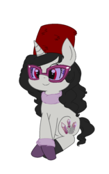 Size: 721x1149 | Tagged: safe, artist:obeliskgirljohanny, oc, oc only, oc:seraphim cyanne, pony, unicorn, 2019 community collab, derpibooru community collaboration, boots, clothes, faux fur, female, fur hat, glasses, gloves, hat, looking at you, mare, scarf, shoes, simple background, sitting, smiling, solo, transparent background