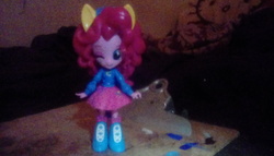 Size: 1600x912 | Tagged: safe, artist:user15432, pinkie pie, human, equestria girls, g4, boots, clothes, doll, equestria girls minis, irl, photo, ponied up, pony ears, ponytail, shoes, toy, wondercolts, wondercolts uniform