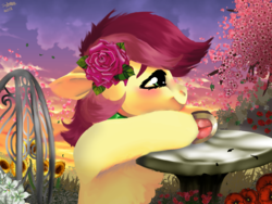 Size: 1600x1200 | Tagged: safe, artist:brainiac, roseluck, earth pony, pony, g4, blushing, cherry blossoms (flower), chest fluff, collar, cosmos (flower), digital art, evening, female, floppy ears, flower, flower blossom, flower in hair, fluffy, frog (hoof), horseshoes, leaves, lilly (flower), marble table, mare, outdoors, pet play, petals, pony pet, poppy, rosepet, signature, smiling, solo, sunflower (flower), sunset, table, tree, underhoof
