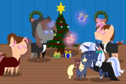 Size: 6000x4000 | Tagged: safe, artist:steampunk-brony, oc, oc only, oc:ellison, oc:pink rose, oc:silverlay, oc:steamy, oc:think pink, original species, pony, umbra pony, unicorn, absurd resolution, christmas, christmas tree, cute, female, holiday, hug, magic, male, mare, mother and daughter, parents:silverjack, pointy ponies, rule 63, stallion, teddy bear, tree