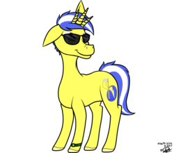 Size: 1200x1058 | Tagged: safe, artist:fcomega121, oc, oc only, oc:elwyn zion, pony, 2019 community collab, derpibooru community collaboration, blue mane, cutie mark, freckles, glasses, horn, male, original style, simple background, solo, stallion, teenager, transparent background, tricorn, watch, wristwatch, yellow coat