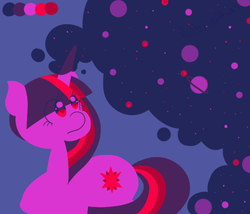 Size: 700x600 | Tagged: safe, artist:winterwithers, twilight sparkle, pony, unicorn, g4, color palette challenge, eye clipping through hair, female, galaxy, limited palette, magic, planet, prone, solo, space
