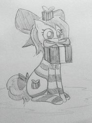 Size: 1892x2522 | Tagged: safe, artist:alex ander, oc, oc only, oc:gift, earth pony, pony, bow, clothes, female, hair bow, monochrome, mouth hold, present, socks, solo, striped socks, tail bow, traditional art