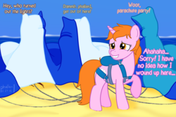 Size: 1500x1000 | Tagged: safe, artist:phallen1, oc, oc only, oc:maya northwind, pony, unicorn, beach, covered, embarrassed, female, grin, looking back, nervous, ocean, parachute, ponified oc, smiling
