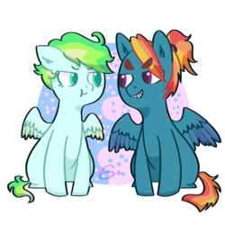 Size: 1500x1500 | Tagged: safe, artist:johnathan-leviathan, oc, oc only, oc:morning glory, oc:ultra sonic, pegasus, pony, colored pupils, duo, female, fraternal twins, male, offspring, parent:rainbow dash, parent:zephyr breeze, parents:zephdash, ponytail, signature, sitting, twins