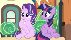 Size: 1280x720 | Tagged: safe, screencap, starlight glimmer, twilight sparkle, alicorn, pony, unicorn, g4, the times they are a changeling, cute, faic, female, glimmerbetes, mare, off model, open mouth, sitting, train, twilight sparkle (alicorn)