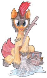 Size: 1547x2585 | Tagged: safe, artist:ciaran, derpibooru exclusive, oc, oc only, oc:ciaran, pony, 2019 community collab, derpibooru community collaboration, badge, bucket, helmet, looking at you, mop, pencil drawing, simple background, smiling, solo, traditional art, transparent background, unshorn fetlocks, water