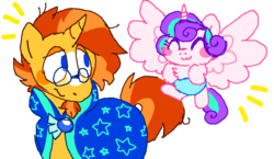 Size: 809x470 | Tagged: safe, artist:raystarkitty, princess flurry heart, sunburst, alicorn, pony, unicorn, g4, :3, baby, baby pony, clothes, cute, duo, duo male and female, eyes closed, facial hair, female, filly, flurrybetes, glasses, goatee, kidcore, looking back, male, robe, simple background, stallion, sunbetes, sunburst's cloak, white background