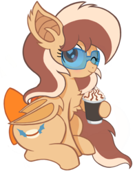 Size: 1859x2373 | Tagged: safe, artist:theratedrshimmer, oc, oc only, oc:delicatezza, bat pony, pony, 2019 community collab, derpibooru community collaboration, bat pony oc, blushing, bow, chest fluff, cute, female, hoof hold, iced coffee, ocbetes, one eye closed, simple background, solo, sunglasses, tail bow, transparent background, wink