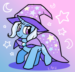 Size: 3000x2856 | Tagged: safe, artist:raystarkitty, trixie, pony, unicorn, g4, cape, clothes, crescent moon, female, hat, high res, kidcore, moon, signature, solo, stars, trixie's cape, trixie's hat