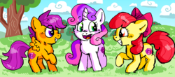 Size: 1280x563 | Tagged: safe, artist:raystarkitty, apple bloom, scootaloo, sweetie belle, earth pony, pegasus, pony, unicorn, g4, adorabloom, apple tree, cloud, cute, cutealoo, cutie mark crusaders, diasweetes, eye clipping through hair, female, filly, gritted teeth, kidcore, looking at each other, looking at someone, neck fluff, open mouth, open smile, raised hoof, scene interpretation, smiling, spread wings, teeth, the cmc's cutie marks, tree, trio, wings