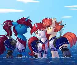 Size: 4000x3401 | Tagged: safe, artist:ncmares, artist:sugaryviolet, color edit, edit, oc, oc only, oc:altus bastion, oc:ruby, oc:specialist sunflower, pony, unicorn, butt, clothes, colored, eyes closed, female, giant pony, kantai collection, macro, mare, ocean, one eye closed, open mouth, plot, sailor uniform, schoolgirl, ship ponies, shipmare, sketch, uniform