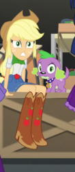 Size: 182x414 | Tagged: safe, screencap, applejack, sci-twi, spike, spike the regular dog, twilight sparkle, dog, equestria girls, equestria girls specials, g4, my little pony equestria girls: movie magic, applejack's hat, boots, clothes, cowboy boots, cowboy hat, cropped, denim skirt, female, freckles, hat, male, offscreen character, skirt, stetson