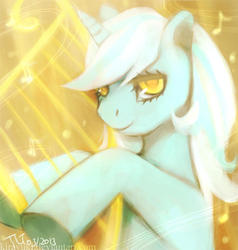 Size: 591x620 | Tagged: safe, artist:alaskayu, lyra heartstrings, pony, unicorn, g4, colored pupils, female, lyre, music notes, signature, solo