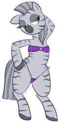 Size: 731x1515 | Tagged: safe, artist:feralroku, oc, oc only, oc:xixa, zebra, semi-anthro, 2019 community collab, derpibooru community collaboration, arm hooves, bikini, clothes, colored hooves, hoof on hip, pose, simple background, smiling, solo, swimsuit, transparent background
