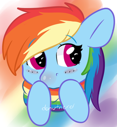 Size: 1544x1677 | Tagged: safe, artist:donutnerd, rainbow dash, pegasus, pony, g4, blushing, bust, clothes, cold, female, gay pride flag, headcanon, lgbt, lgbt headcanon, looking away, mare, pride, pride accessories, pride flag, pride flag scarf, red nosed, scarf, sexuality headcanon, solo