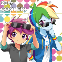 Size: 1900x1900 | Tagged: safe, artist:ryuu, rainbow dash, scootaloo, equestria girls, equestria girls series, 20% cooler, abstract background, clothes, cute, cutealoo, duo, female, geode of super speed, hoodie, looking at you, magical geodes, scootalove, shirt, smiling, smirk, sunglasses, wristband