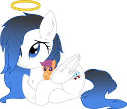 Size: 6181x5343 | Tagged: safe, artist:aureai, artist:cyanlightning, scootaloo, oc, oc only, oc:frozen tears, pegasus, pony, 2019 community collab, derpibooru community collaboration, .svg available, absurd resolution, blushing, canon x oc, chest fluff, ear fluff, feels, female, folded wings, hair over one eye, halo, mare, memorial, plushie, right in the feels, simple background, sitting, the feels, transparent background, vector, wings